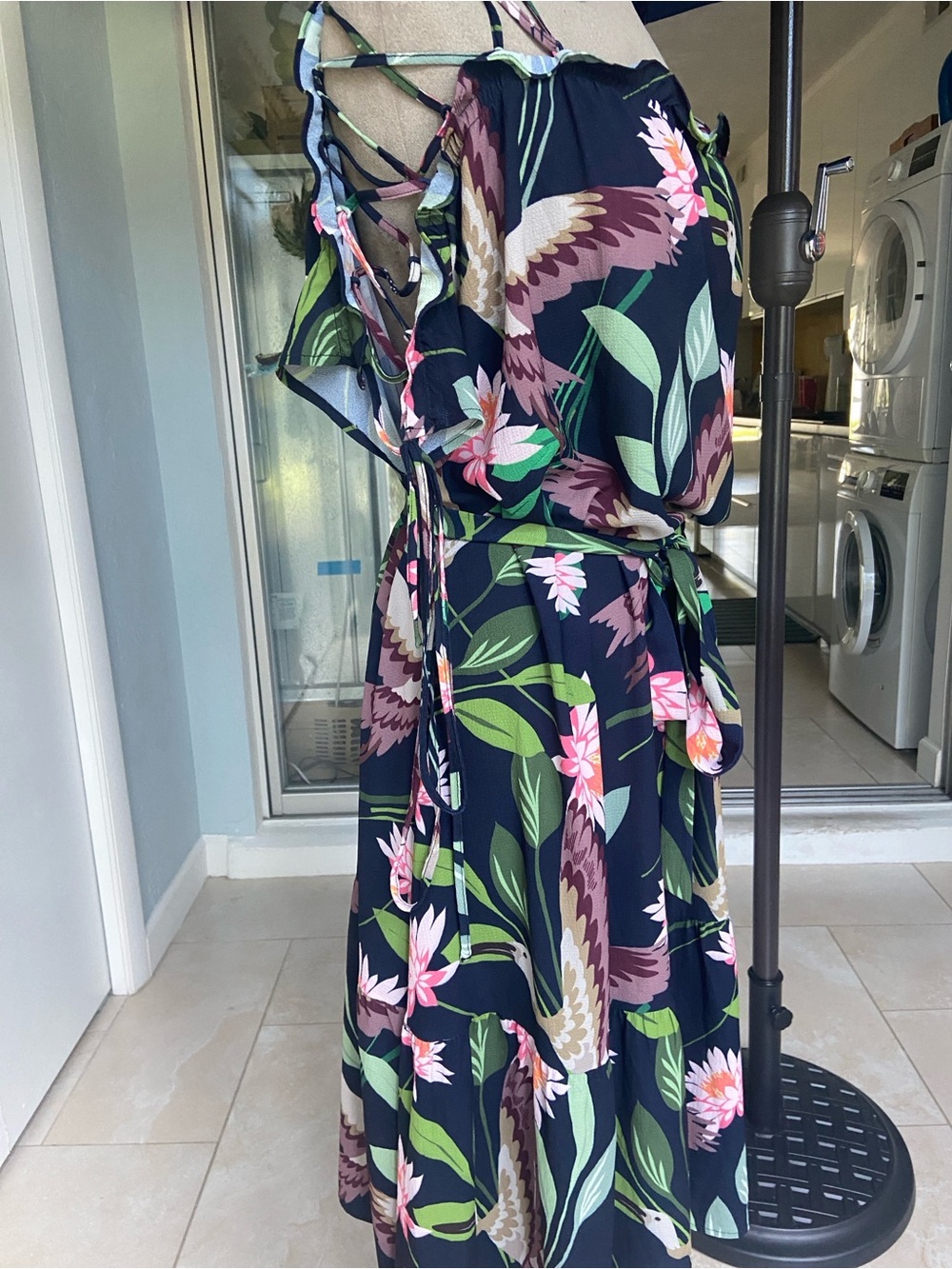 Black Botanical Cold-Shoulder Dress with cold sholder strapy elements.